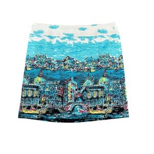 Talbots Venice Italy Canal Scene Print Pencil Skirt Womens Size 12 Blue White